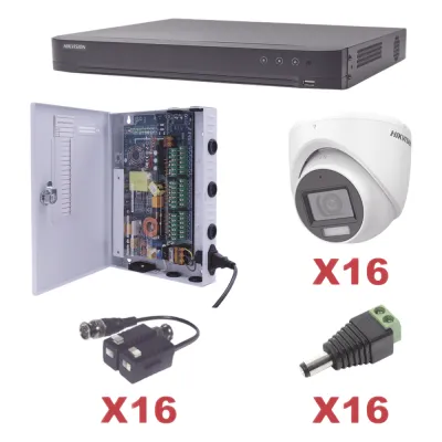 KIT TurboHD 1080p / DVR 16 Canales / 16 Cámaras Turret con Audio Integrado (Exterior 2.8 mm) / Transceptores / Conectores / Fuente de Poder Profesional