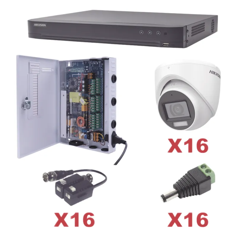 KIT TurboHD 1080p / DVR 16 Canales / 16 Cámaras Turret con Audio Integrado (Exterior 2.8 mm) / Transceptores / Conectores / Fuente de Poder Profesional