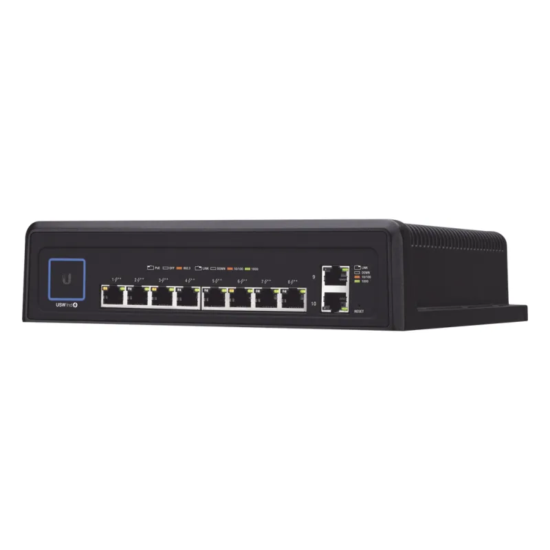 Switch industrial UniFi PoE de 10 puertos Gigabit (8 x 802.3bt y 2 x Ethernet) para temperaturas extremas