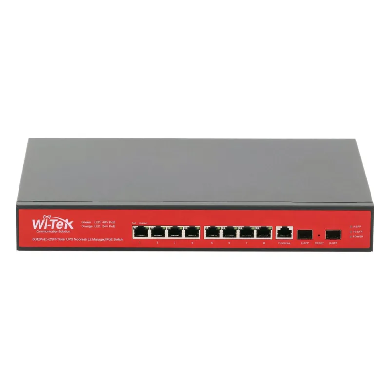 Switch Administrable Capa 2 de 8 puertos 10/100/1000 PoE af/at + 2 x SFP Gigabit, con respaldo para energía solar