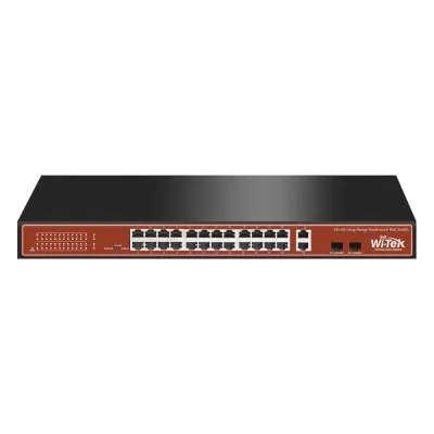 Switch PoE (802.3af/at/bt) / No administrable de largo alcance / Hasta 250m / Con 24 x 10/100Mbps + 2 x SFP Gigabit Combo / 250 W