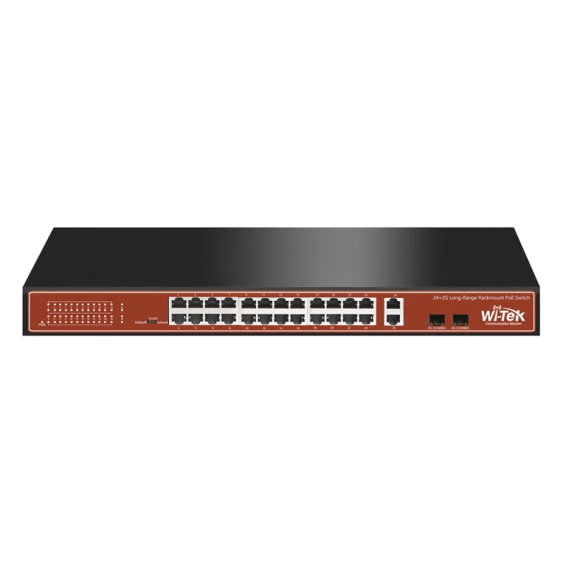 Switch PoE (802.3af/at/bt) / No administrable de largo alcance / Hasta 250m / Con 24 x 10/100Mbps + 2 x SFP Gigabit Combo / 250 W