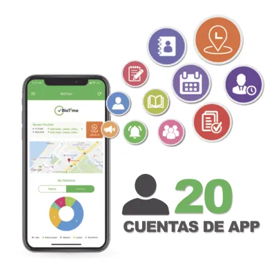 Licencia para realizar checadas de asistencia desde Smartphone (APP) con envío de fotografía y ubicación por GPS / Compatible con BIOTIMEPRO / Licencia para 20 usuarios