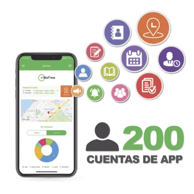 Licencia para realizar checadas de asistencia desde Smartphone (APP) con envío de fotografía y ubicación por GPS / Compatible con BIOTIMEPRO / Licencia para 200 usuario