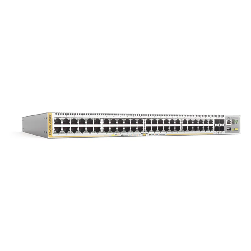 Switch PoE+ Stackeable Capa 3, 48 puertos 10/100/1000 Mbps + 4 puertos SFP+ 10 G, hasta 740 W, fuente redundante