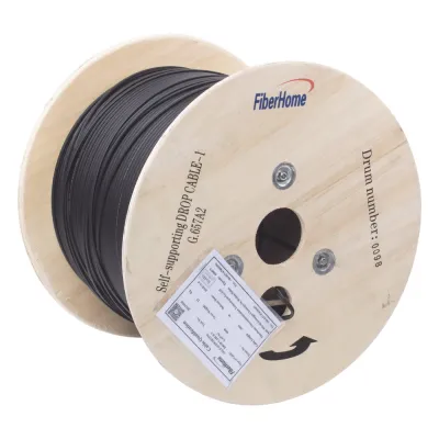 Carrete de 1 km de Fibra Óptica Aérea Mini Figura 8 G.657A2 Tipo Drop, Monomodo de 1 Hilo (Unifibra), Color Negro, Span 80