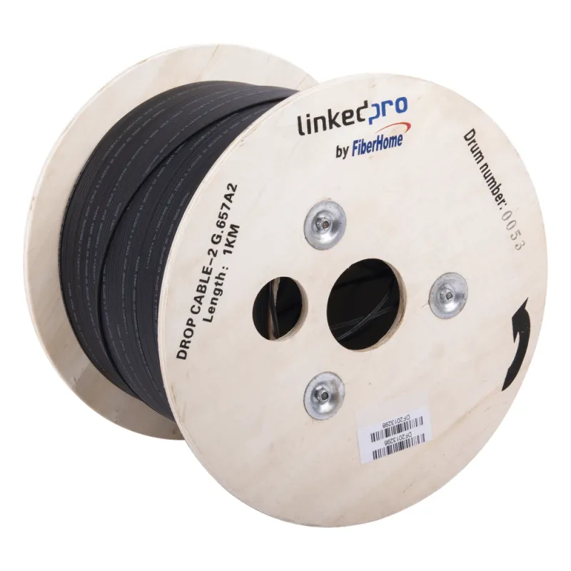 Carrete de 1 km de Fibra Óptica Drop, Interior/Exterior G.657A2 Monomodo de 2 Hilos (Bifibra), Diseñada para Fusionarse, Dieléctrica, Forro Negro, (No Soporta Conectores Mecánicos)