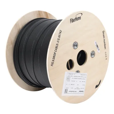 Carrete de 1 km de Fibra Óptica Aérea Mini Figura 8 G.657A2 Tipo Drop, Monomodo de 2 Hilos (Bifibra), Diseñada para Fusionarse, Color Negro, Span 80, (No Soporta Conectores Mecánicos)