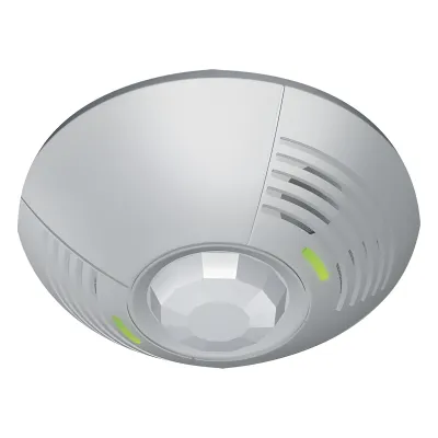 Sensor de ocupación de techo con doble tecnología ultrasónica e infrarroja, cobertura de 46 m² a 180 grados, relevador SPDT y fotocelda, integrable a sistemas Lutron