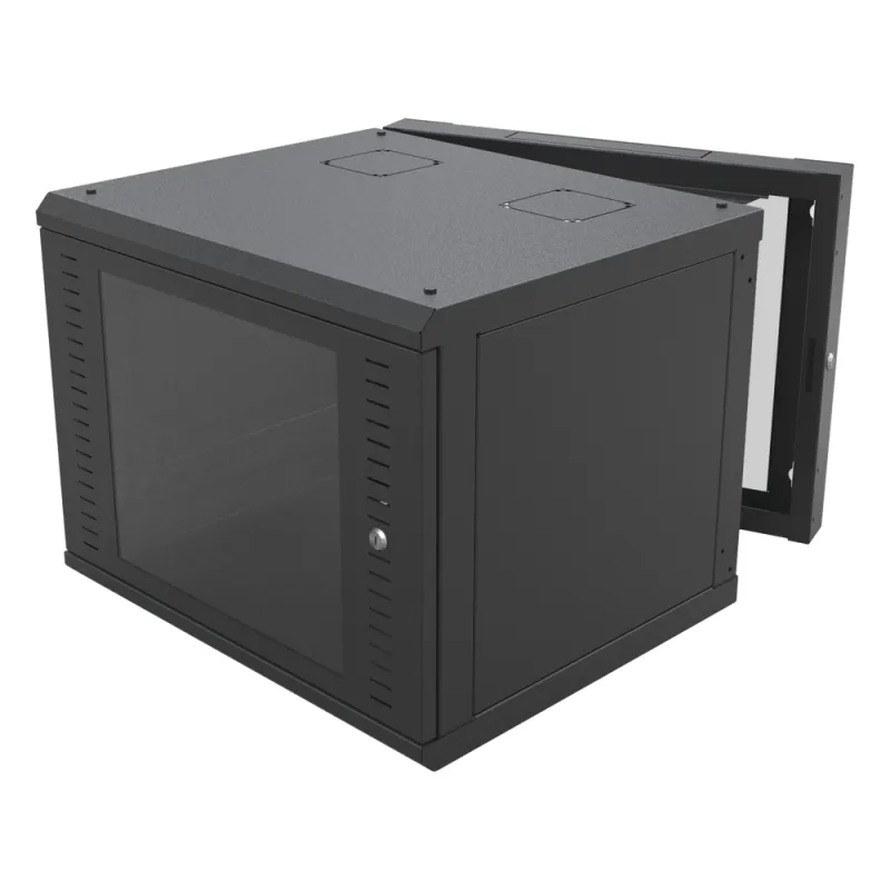 Gabinete Abatible de Pared (Con Marco Trasero) con Rack 19" de 12 Unidades. Ventana de Cristal Templado.