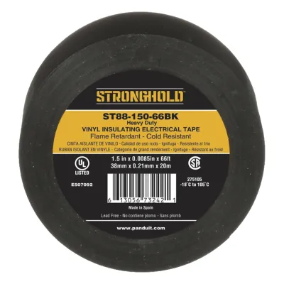 Cinta Eléctrica STRONGHOLD para Aislar, de PVC, Trabajo Pesado Eléctrico Industrial (Soporta UV, abrasión, agua, aceite y corrosión), Grosor de 0.21 mm (8.5 mil), Ancho de 38 mm, y 20 m de Largo, Uso Interior/Exterior, Color Ne