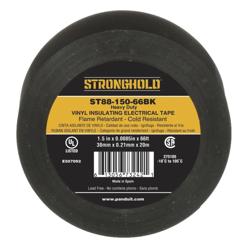 Cinta Eléctrica STRONGHOLD para Aislar, de PVC, Trabajo Pesado Eléctrico Industrial (Soporta UV, abrasión, agua, aceite y corrosión), Grosor de 0.21 mm (8.5 mil), Ancho de 38 mm, y 20 m de Largo, Uso Interior/Exterior, Color Ne