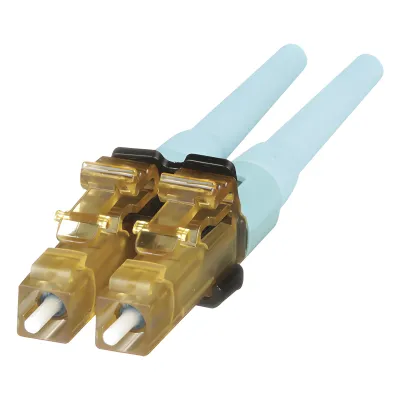 Conector de Fibra Óptica LC Duplex OptiCam, Multimodo 50/125 OM3/OM4, Pre-pulido, Color Aqua