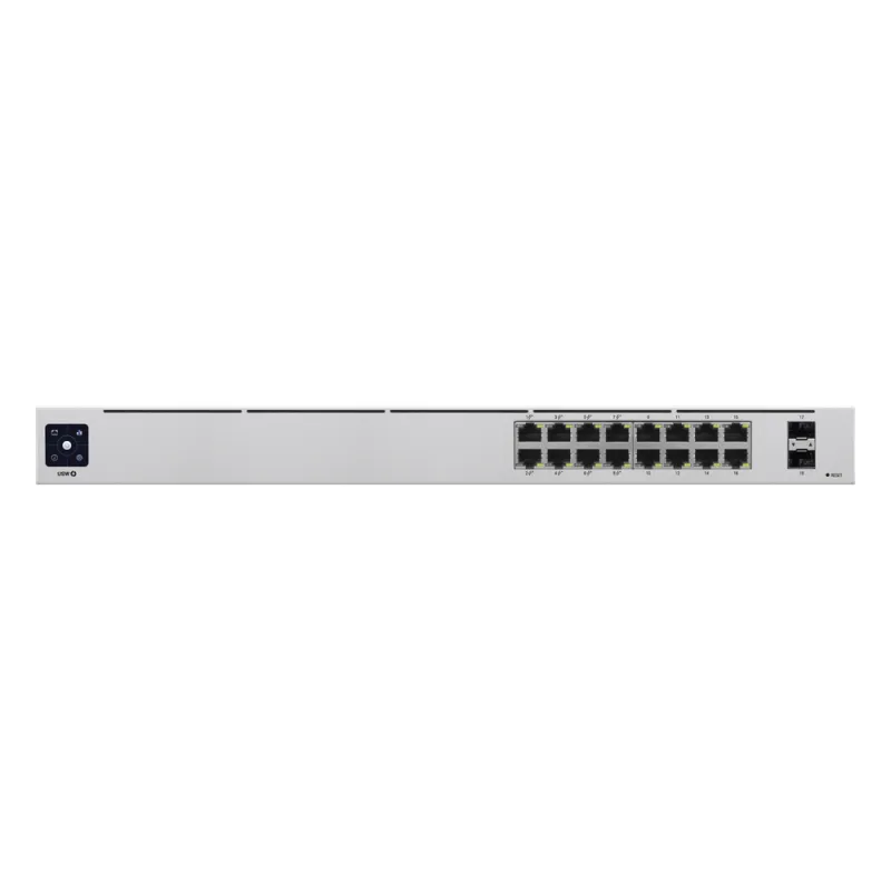 UniFi Switch USW-16-POE Gen2, Capa 2 de 16 puertos (8 puertos PoE 802.3af/at + 8 puertos Gigabit) + 2 puertos 1G SFP, 42W, pantalla informativa