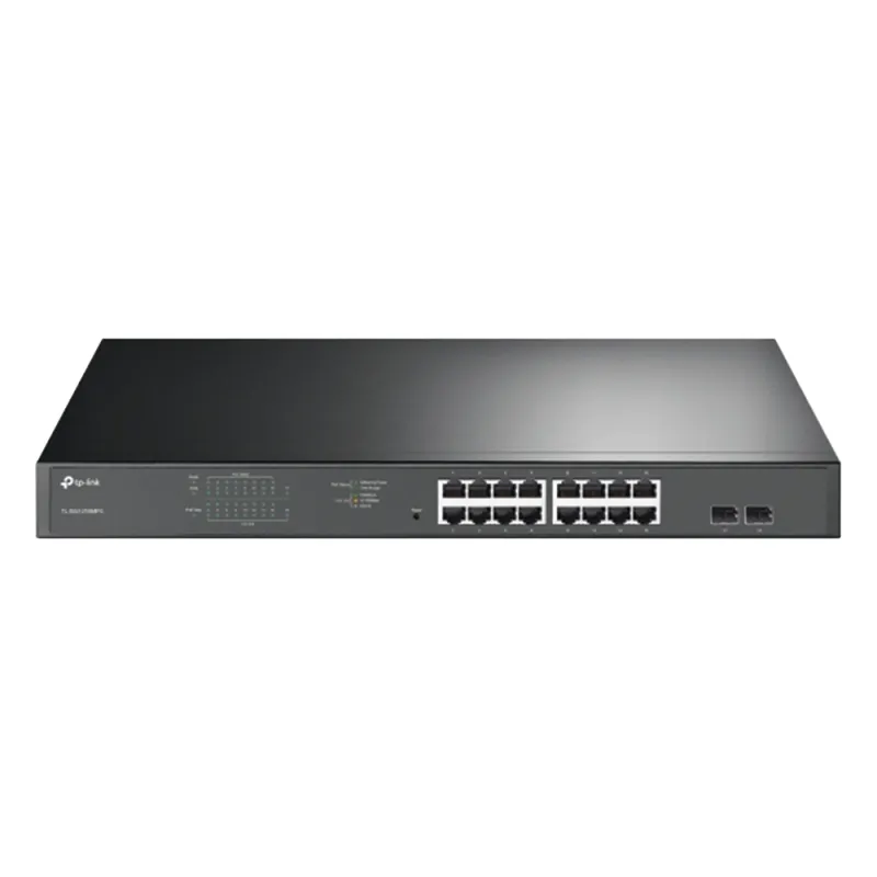 Switch JetStream de 16 puertos 10/100/1000Mbps y PoE af/at, 2 puertos SFP hasta 192W.