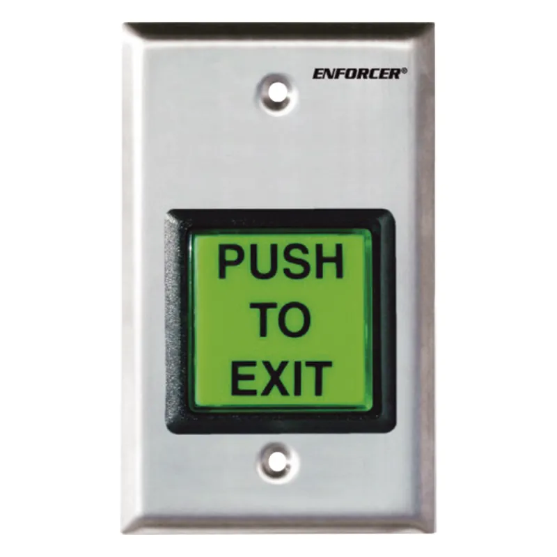 Botón de Salida / Con Iluminación / Con Placa de Pared de Acero Inoxidable / IP65 / Voltaje 12 / 24 Vcd / Mensaje de Idioma Intercambiable / 3 Placas de Idioma Incluidas