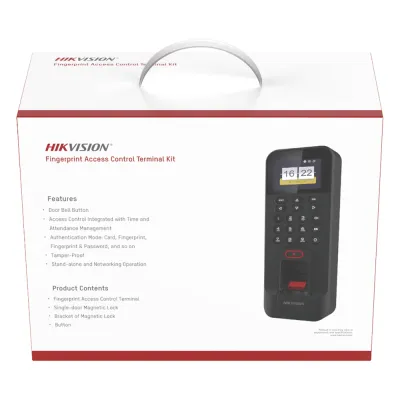Kit de Control de Acceso TODO INCLUIDO con Lector de Huellas y Tarjetas / 3,000 Huellas / Compatible con App Hik-Connect / Incluye Electroimán Botón de Salida y Montajes Z y L para imán (DS-K1T804)