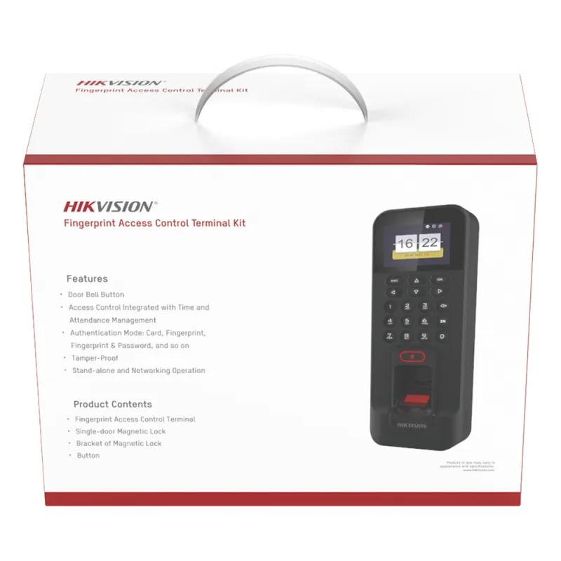 Kit de Control de Acceso TODO INCLUIDO con Lector de Huellas y Tarjetas / 3,000 Huellas / Compatible con App Hik-Connect / Incluye Electroimán Botón de Salida y Montajes Z y L para imán (DS-K1T804)