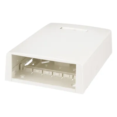 Caja de Montaje en Superficie, con Accesorio para Resguardo de Fibra Óptica, para 12 Módulos Mini-Com, Color Blanco Mate