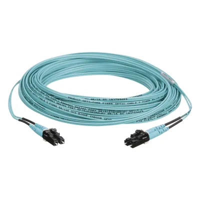 Jumper de Fibra Optica Multimodo 50/125 OM3, LC-LC Duplex, OFNR (Riser), Color Aqua, 30 Metros (98.43 Pies)