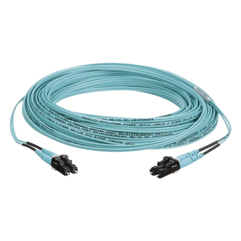 Jumper de Fibra Optica Multimodo 50/125 OM3, LC-LC Duplex, OFNR (Riser), Color Aqua, 30 Metros (98.43 Pies)