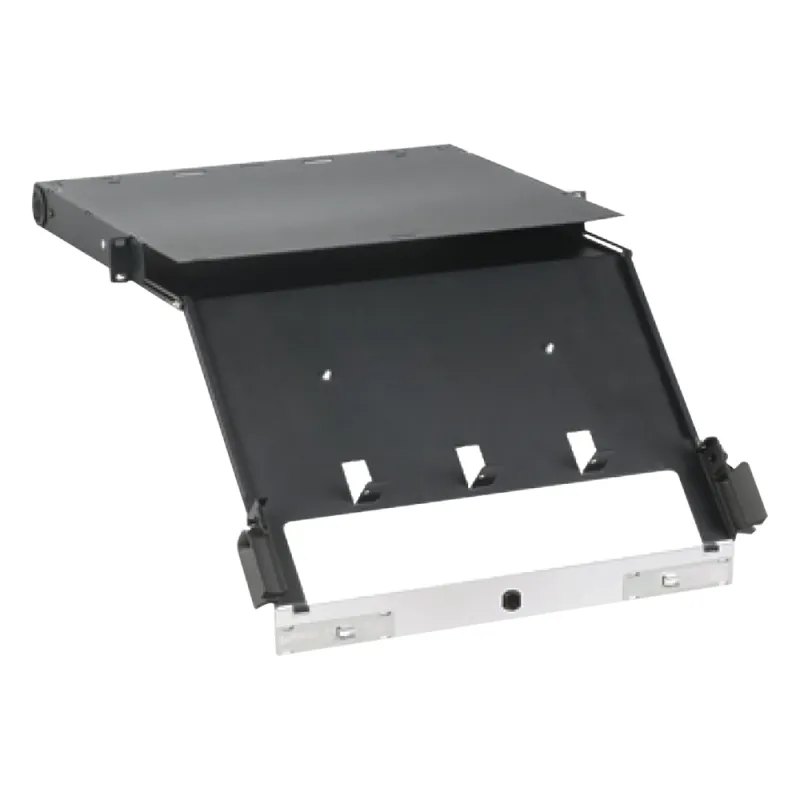 Panel de Distribución de Fibra Óptica, Acepta 4 Placas FAP o FMP, Bandeja Deslizable e Inclinable Hacia Abajo, Hasta 96 Fibras, Color Negro, 1UR