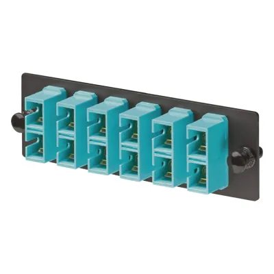 Placa Acopladora de Fibra Optica FAP, Con 6 Conectores SC Duplex (12 Fibras), Para Fibra Multimodo OM3/OM4, Color Aqua