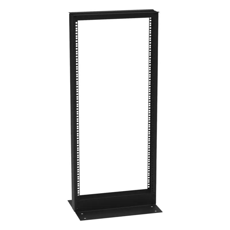Rack de 2 Postes (Doble Perforación), Estándar 19", 24 Unidades, Fabricado en Acero, Base "L" para Anclar a Piso.