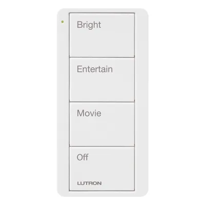 Control Pico inalámbrico de 4 botones con escenas grabadas para sala (Bright, Entertain, Movie y Off), compatible con Caseta Wireless y RA2 Select, blanco brillante
