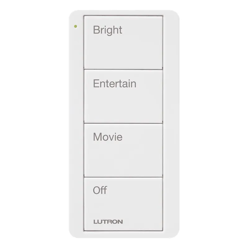 Control Pico inalámbrico de 4 botones con escenas grabadas para sala (Bright, Entertain, Movie y Off), compatible con Caseta Wireless y RA2 Select, blanco brillante