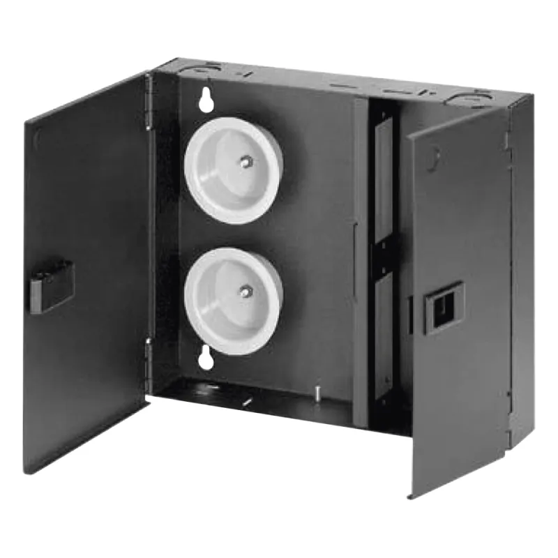 Caja de Conexión de Fibra Óptica, Para Montaje en Pared, Acepta 2 Placas FAP o FMP, Hasta 48 Fibras, Color Negro