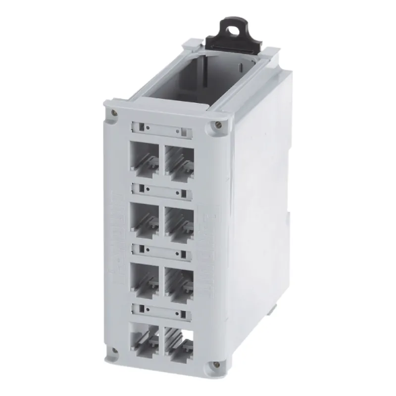 Panel de Parcheo Modular para Cobre, Blindado, de Instalación en Riel DIN Estándar de 35 mm (1.38 pulgadas), 8 Puertos Mini-Com, Color Gris