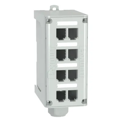 Panel de Parcheo Modular para Fibra Óptica, de Instalación en Riel DIN Estándar de 35mm, 8 Puertos Mini-Com, Color Gris