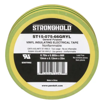 Cinta Eléctrica STRONGHOLD para Aislar, de PVC, Uso Construcción General en Tierras Físicas, Grosor de 0.13 mm (5 mil), Ancho de 19.05 mm, y 20.12 m de Largo, Color Amarillo/Verde.