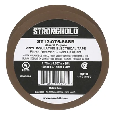 Cinta Eléctrica STRONGHOLD para Aislar, de PVC, Uso General Reparación y Mantenimiento, Grosor de 0.18mm (7 mil), Ancho de 19mm, y 20.12m de Largo, Color Café