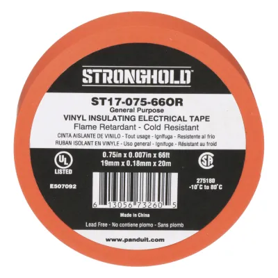 Cinta Eléctrica STRONGHOLD para Aislar, de PVC, Uso General Reparación y Mantenimiento, Grosor de 0.18mm (7 mil), Ancho de 19mm, y 20.12m de Largo, Color Naranja