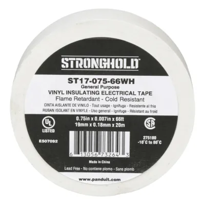 Cinta Eléctrica STRONGHOLD para Aislar, de PVC, Uso General Reparación y Mantenimiento, Grosor de 0.18mm (7 mil), Ancho de 19mm, y 20.12m de Largo, Color Blanco