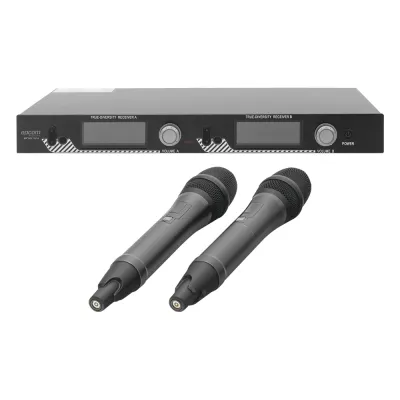 Kit de Microfonía inalámbrico | 2 Micrófonos de mano | Receptor UHF | Pantalla LCD | 200 Canales | Gran cobertura