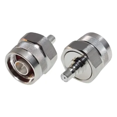 Adaptador de Bajo PIM, Interserie de Conector N Macho a QMA (Quick Mate) Hembra, Bronce Blanco/ Oro/ Teflón.