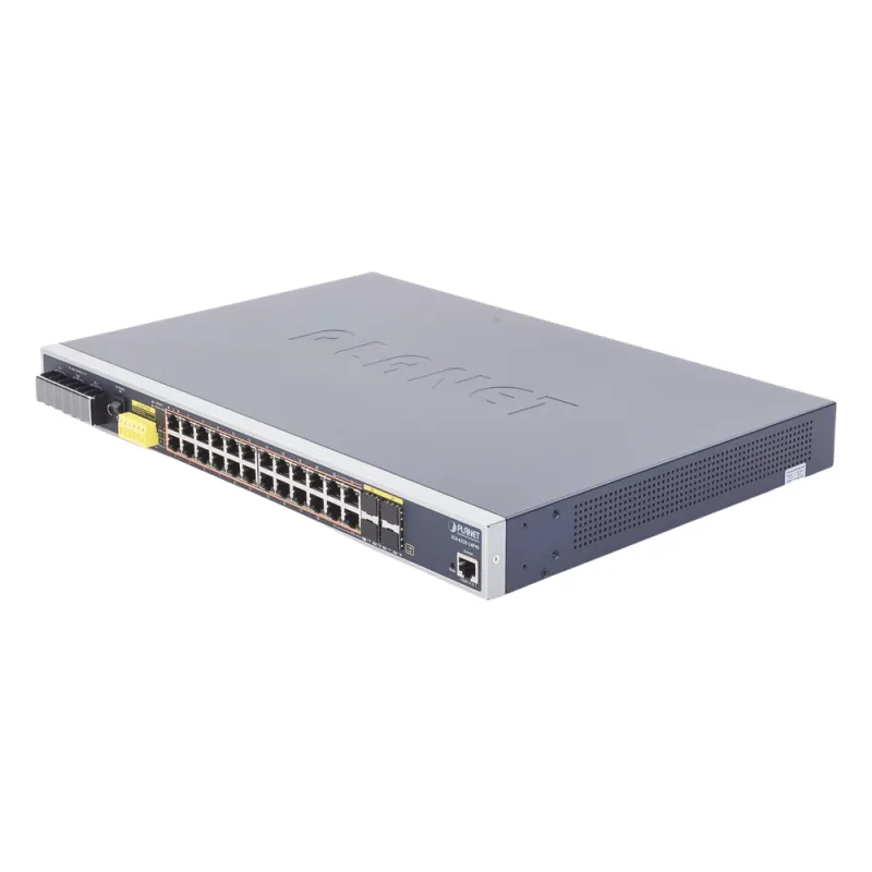 Switch PoE Industrial Capa 3, Con 24 Puertos PoE Gigabit 802.3af/at, 4 Puertos SFP Compartidos 100 / 1000X, Soporta temperaturas extremas de -40 ~ 75°C