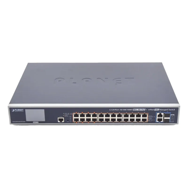 Switch Administrable L3, 24 puertos Gigabit PoE 802.3bt, 2 puertos 10G SFP+, Pantalla Tactil, Fuente Redundante, (600W)