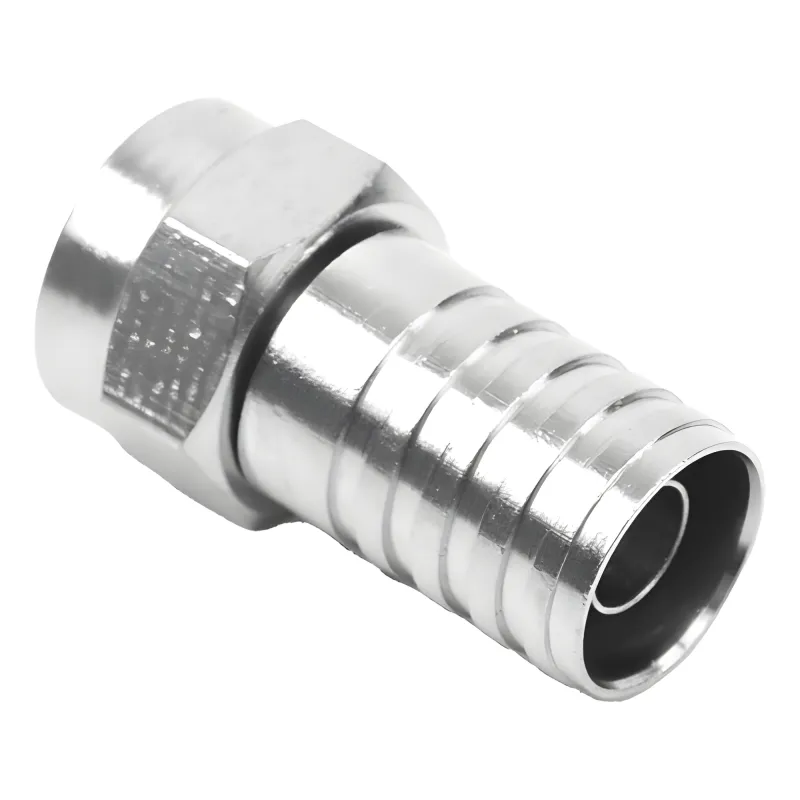 Conector F Macho, Plegable de Doble Blindaje para cable RG-59, Cuerpo de Bronce Niquelado.