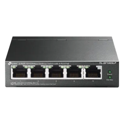 Switch PoE No Administrable de Escritorio / 5 puertos 10/100 Mbps / 4 puertos PoE af / Presupuesto 41 W / Modo extensor PoE hasta 250 metros / Calidad video prioritaria