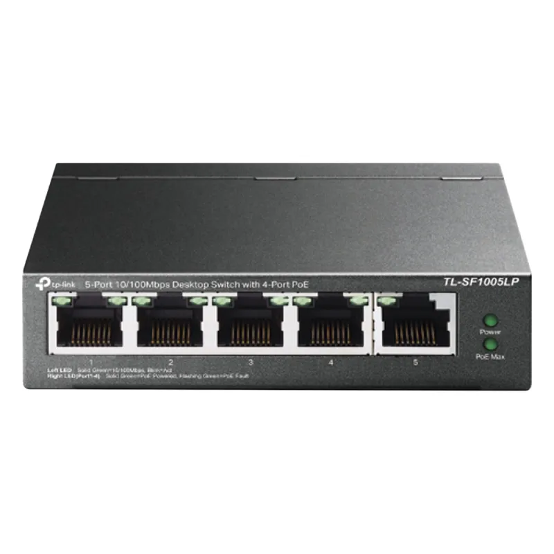 Switch PoE No Administrable de Escritorio / 5 puertos 10/100 Mbps / 4 puertos PoE af / Presupuesto 41 W / Modo extensor PoE hasta 250 metros / Calidad video prioritaria