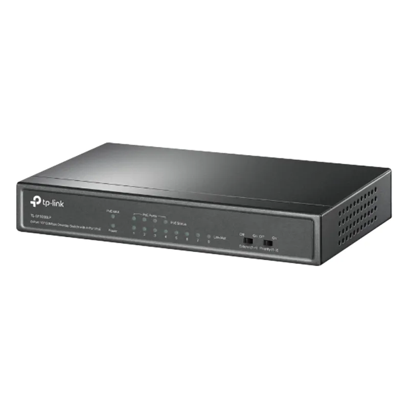 Switch PoE No Administrable de Escritorio / 8 puertos 10/100 Mbps / 4 puertos PoE af / Presupuesto 41 W / Modo extensor PoE hasta 250 metros / Calidad video prioritaria