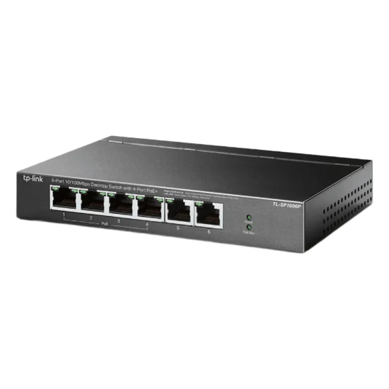 Switch PoE no Administrable de escritorio / 6 puertos 10/100 Mbps / 4 puertos PoE af/at / Presupuesto 67 W / Modo Extensor hasta 250 m / Calidad video prioritaria