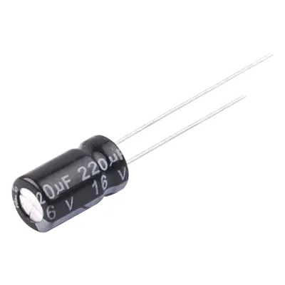 Capacitor Electrolítico en Aluminio, Radial de 220 µFd, 16 Vcc, 105 °C, 6.3 x 11 mm.