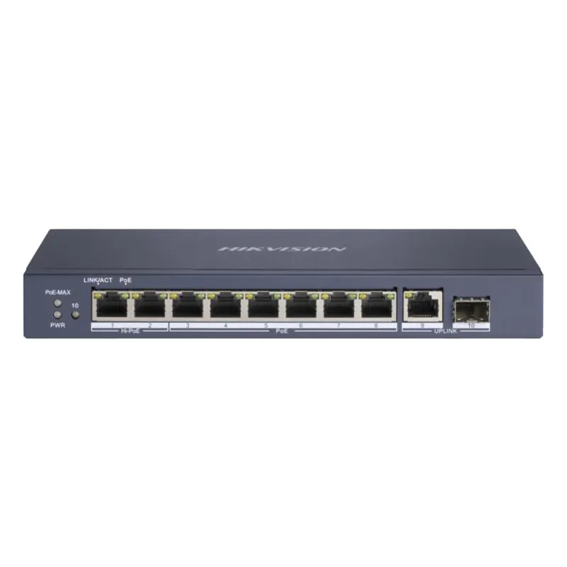 Switch PoE+ / No Administrable / 7 Puertos 1000 Mbps 802.3 af/at (30 W) / 2 Puertos 1000 Mbps Hi-PoE (90 W) / 1 Puertos 1000 Mbps Uplink / 1 Puerto SFP / Modo Extendido hasta 300 Metros / 110 Watts