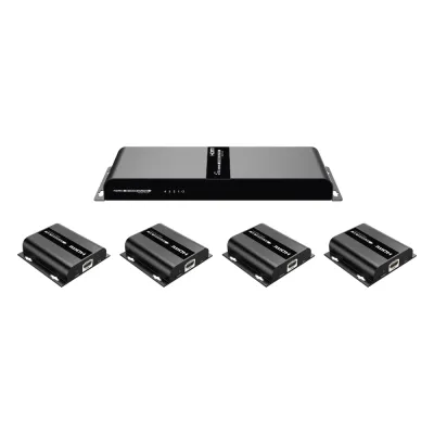 Kit Divisor y Extensor HDMI (Extender Splitter) | Divide 1 Fuente HDMI a 4 Pantallas | Extiende la señal HDMI hasta 120 m | Resolución 1080P @ 60 Hz | Cat 6/6a | Soporta IR | Baja Latencia | Uso24/7 | Alimente solo el Tx (PoC).