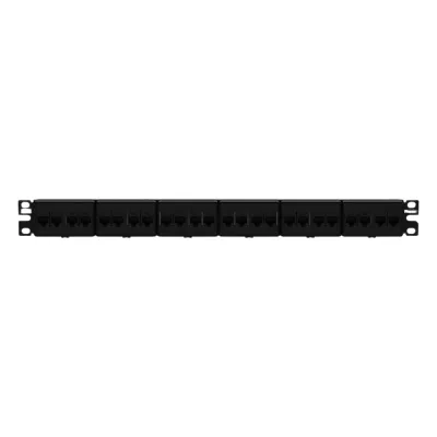 Panel de Parcheo con 24 Acopladores Mini-Com, Plano, Categoría 6A, de 1 UR, Color Negro